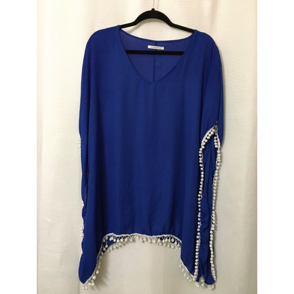 Adreamly Poncho Top w/Pom Poms Size 1X-2X Semi Sheer Blue White Vacation A1